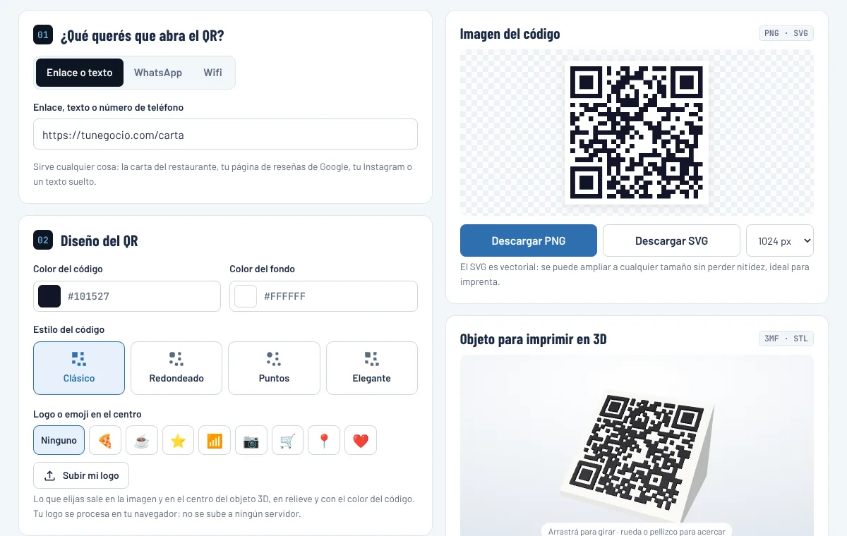 Generador de QR 3D de 3D SUR con un soporte de mesa en vista previa